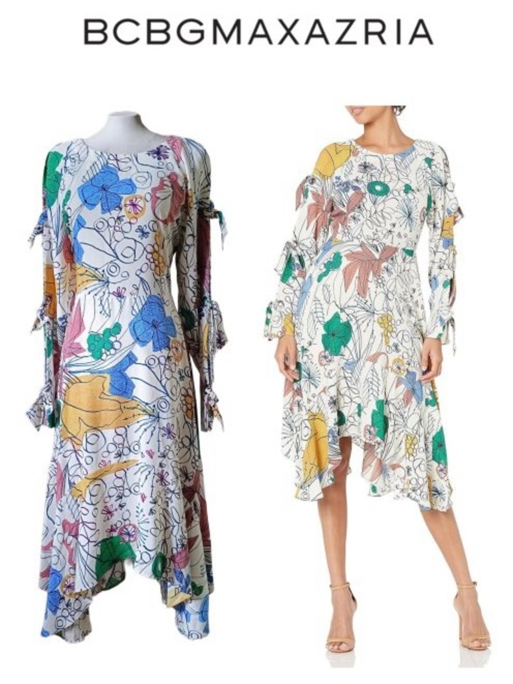 BCBGMaxAzria White Floral Print Long-Sleeve Midi Dress